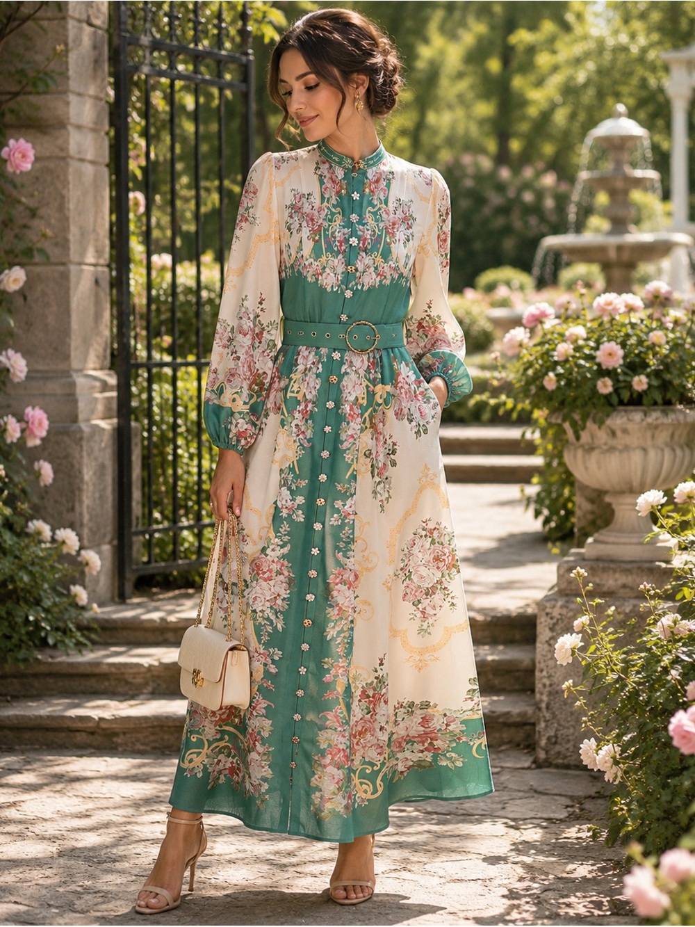 Stella Morgan Romantic Cottagecore Floral Maxi Dress Belted Pockets NWT Sz 8